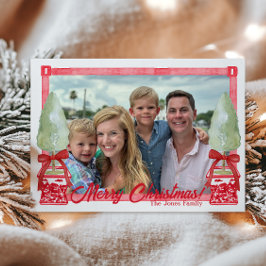 赤と白のChinoiserieトピアリークリスマスフォト シーズンカード