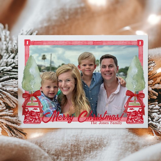 赤と白のChinoiserieトピアリークリスマスフォト シーズンカード