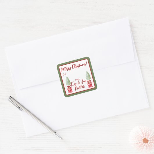 赤と白のChinoiserieトピアリークリスマスプレゼント スクエアシール (封筒)