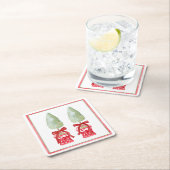 赤と白のChinoiserieトピアリー スクエアペーパーコースター (インサイチュ)