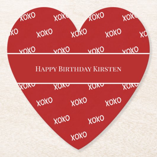 赤と白のXOXOラブお誕生日おめでとう ペーパーコースター (正面)
