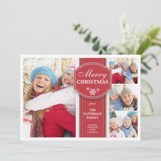 赤と白エレガントの雪4枚の写真のグリーティングカード シーズンカード (スタンド正面)