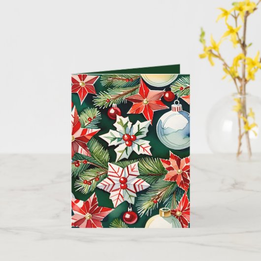 赤と白オーナメント写真とクラフトクリスマス カード (黄色い花)