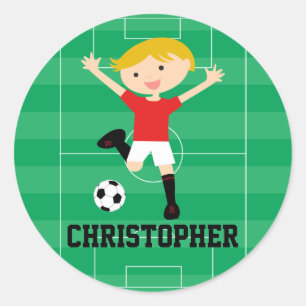 赤と白カスタマイズ可能なサッカーの男の子1 ラウンドシール