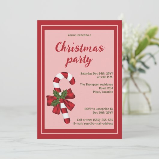 赤と白クリスマスキャンディーケーンホリデーパーティー 招待状 (スタンド正面)