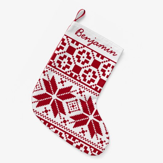 赤と白クリスマスニットパーソナライズされた模様 スモールクリスマスストッキング (正面 (吊り時))