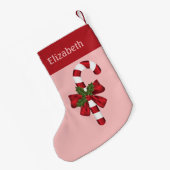 赤と白クリスマス飴と名前をカスタムする スモールクリスマスストッキング (裏面 (吊り時))