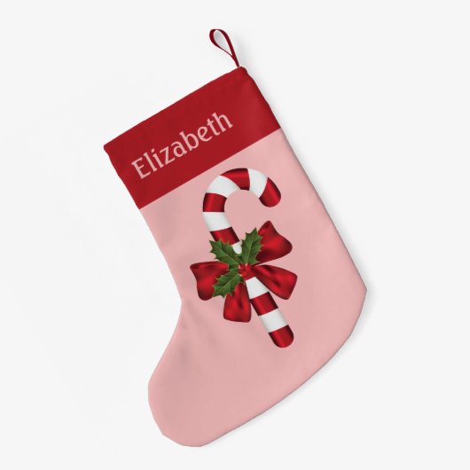 赤と白クリスマス飴と名前をカスタムする スモールクリスマスストッキング (裏面 (吊り時))