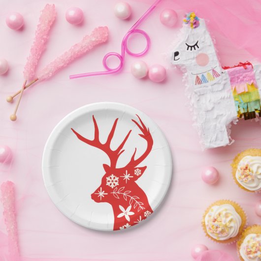 赤と白クリスマス鹿紙プレート ペーパープレート (パーティー)