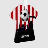 赤と白ストライプサッカーのファンとサッカー オーナメント (正面)