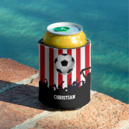 赤と白ストライプサッカーのファン 缶クーラー