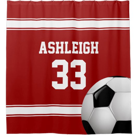 赤と白ストライプズ・ジャージー・サッカーボール シャワーカーテン (正面)