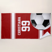 赤と白ストライプズ・ジャージー・サッカーボール ビーチタオル (正面)