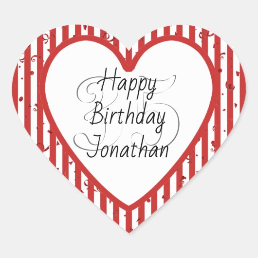 赤と白ストライプパターンハッピーバースデー ハートシール (正面)