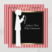 赤と白ストライプロザリーボーイズ第一聖体 招待状 (正面/裏面)