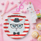 赤と白ストライプ猫紙プレート ペーパープレート (パーティー)