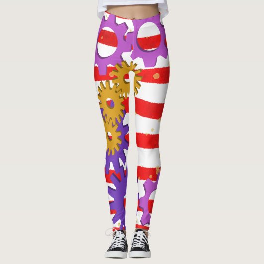 赤と白ストライプ紫ギアレギンス レギンス (正面)