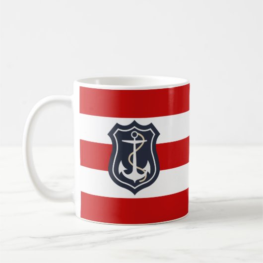 赤と白ストライプ航海のいかり コーヒーマグカップ (左)
