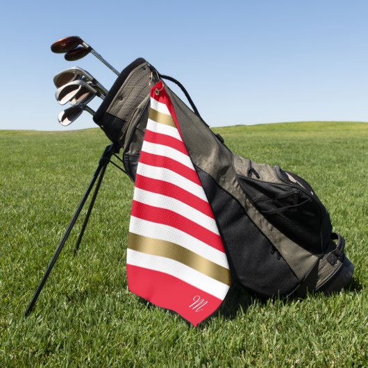 赤と白ストライプ金ゴールドアクセント、モノグラム ゴルフタオル (グリーン)