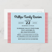 赤と白チェックされたテーブルクロスブルーファミリー懇親会 インビテーションポストカード (正面/裏面)