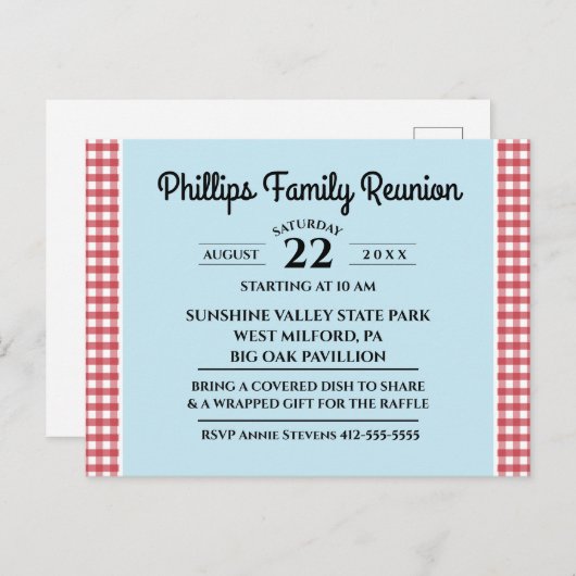 赤と白チェックされたテーブルクロスブルーファミリー懇親会 インビテーションポストカード (正面/裏面)