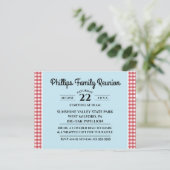 赤と白チェックされたテーブルクロスブルーファミリー懇親会 インビテーションポストカード (スタンド正面)