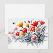 赤と白チューリップAsian Ink絵を描's シーズンポストカード (正面/裏面)