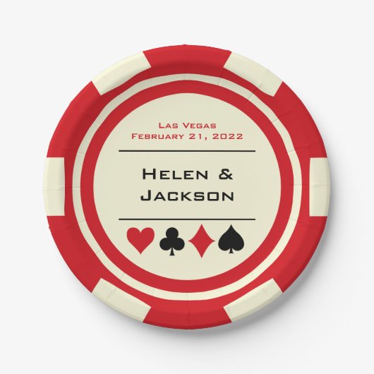 赤と白トランプのポーカーチップラスベガス結婚ズ ペーパープレート (正面)