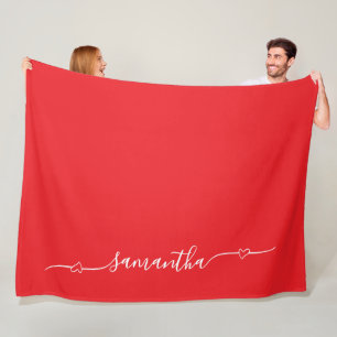 赤と白ハートスワッシュの署名名 フリースブランケット