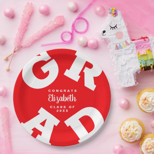 赤と白パーソナライズされた卒業 ペーパープレート (パーティー)