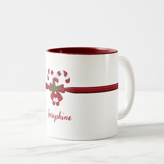 赤と白フェスティバルキャンディーキャネズボウアンドネーム ツートーンマグカップ (正面右)