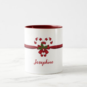 赤と白フェスティバルキャンディーキャネズボウアンドネーム ツートーンマグカップ