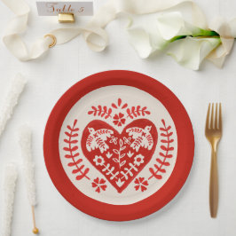 赤と白フォークアートハート ペーパープレート