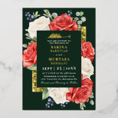 赤と白フローラグリーンムスリム結婚ズ 箔招待状 (正面)