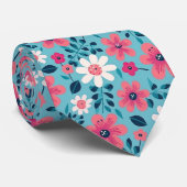 赤と白フローラデザインオンライトブルー ネクタイ (ロール)