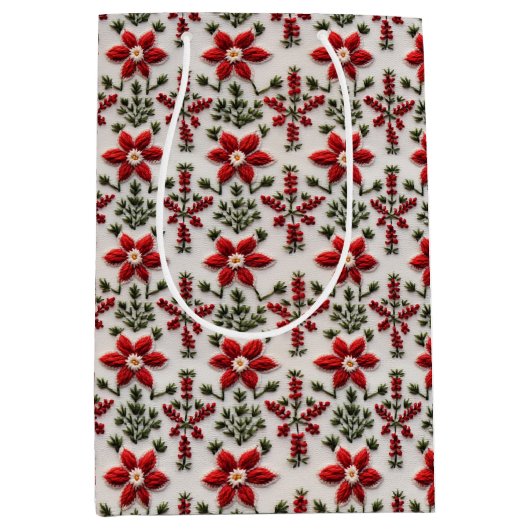 赤と白フローラ刺しゅう ミディアムペーパーバッグ (正面)