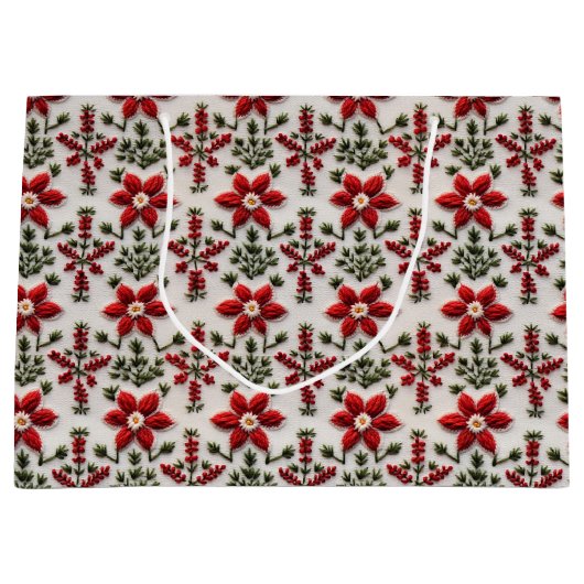 赤と白フローラ刺しゅう ラージペーパーバッグ (正面)