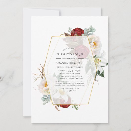 赤と白フローラ幾何学的お祝い 招待状 (正面)