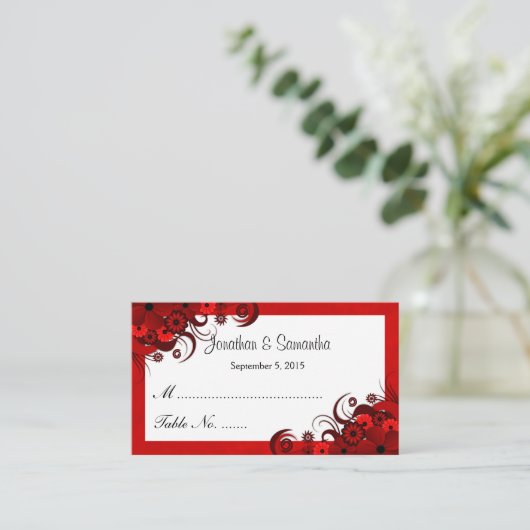 赤と白フローラ結婚のテーブル座席表 プレイスカード (スタンド正面)