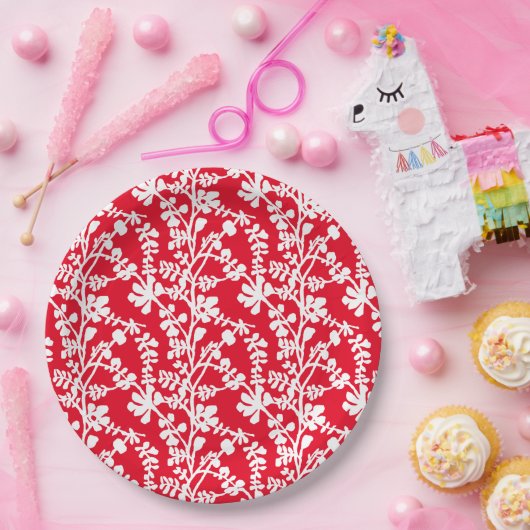 赤と白フローラ繰り返しパターン ペーパープレート (パーティー)