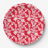 赤と白フローラ繰り返しパターン ペーパープレート (正面)