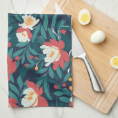 赤と白フローラ キッチンタオル (四つ折り)