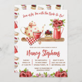 赤と白フローラ、スイートティーパーティーブライダルシャワー 招待状 (正面/裏面)