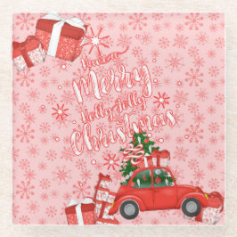 赤と白メリークリスマスカーツリープレゼント ガラスコースター