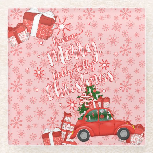 赤と白メリークリスマスカーツリープレゼント ガラスコースター (正面)