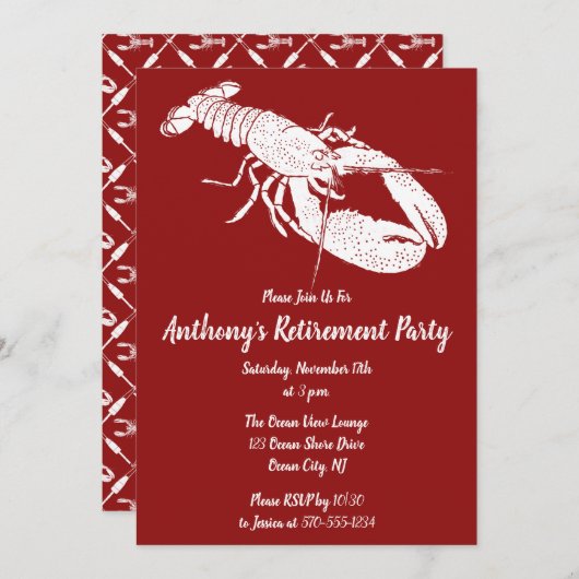 赤と白ロブスター航海のパーティー 招待状 (正面/裏面)