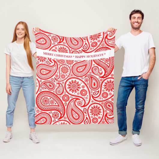 赤と白ヴィンテージペイズリーパターン フリースブランケット (インサイチュ)