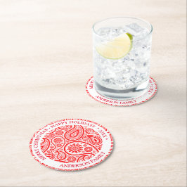 赤と白ヴィンテージペイズリーパターン ラウンドペーパーコースター