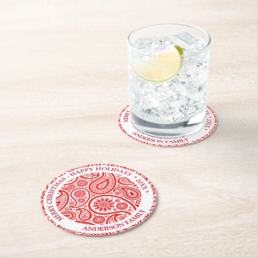 赤と白ヴィンテージペイズリーパターン ラウンドペーパーコースター (インサイチュ)