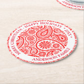 赤と白ヴィンテージペイズリーパターン ラウンドペーパーコースター (アングル)